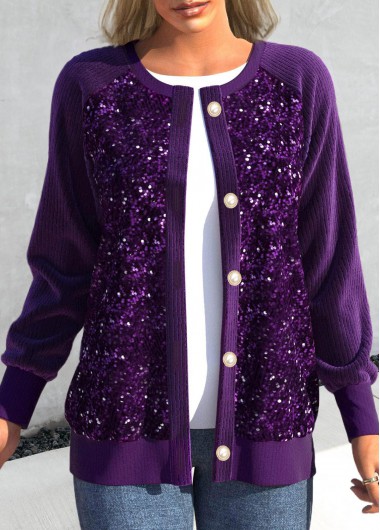 Dark Purple tops,Plain Color tops,ROTITA Sequin Dark Purple Round Neck Long Sleeve Cardigan