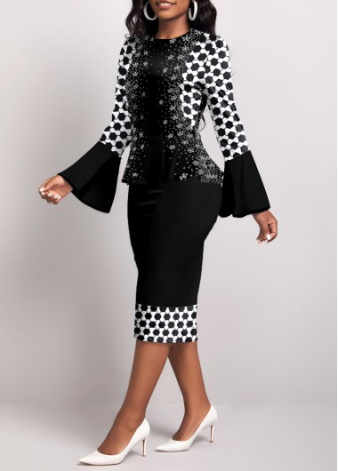 Black dresses,Geometric dresses,Dot dresses,ROTITA Fake 2in1 Geometric Print Black Bodycon Dress