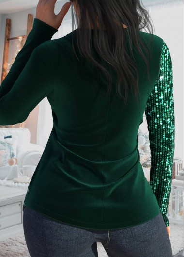 Blackish Green tops,Plain Color tops,ROTITA Sequin Blackish Green V Neck T Shirt