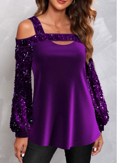 Purple tops,Plain Color tops,ROTITA Cut Out Purple Off Shoulder Long Sleeve Sweatshirt