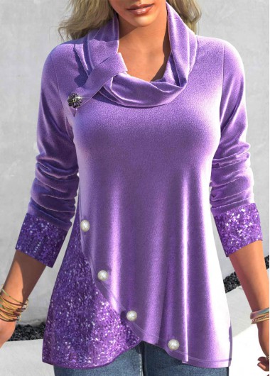 Light Purple tops,Plain Color tops,ROTITA Velvet Light Purple Cowl Neck Long Sleeve Sweatshirt