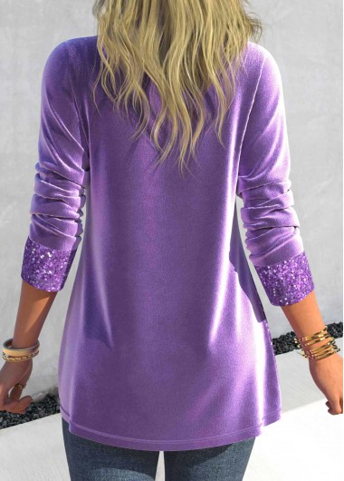 Light Purple tops,Plain Color tops,ROTITA Velvet Light Purple Cowl Neck Long Sleeve Sweatshirt