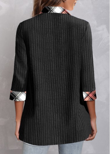 Black tops,Plaid tops,Striped tops,ROTITA Fake 2in1 Plaid Black Shirt Collar Blouse