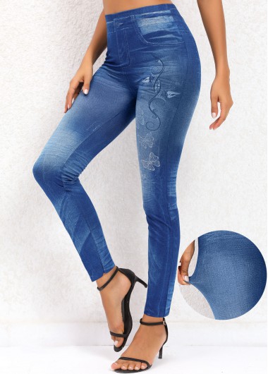 Denim Blue bottoms,Animal Print bottoms,Butterfly Print Denim Blue High Waisted Leggings