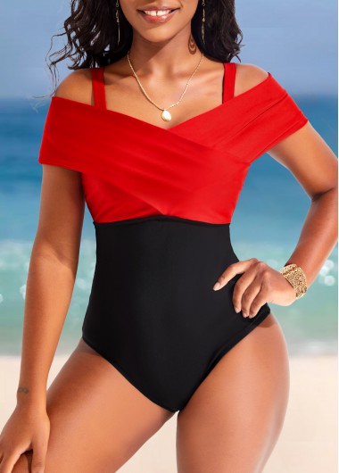 Black swimwear,Red swimwear,Contrast Color swimwear,ROTITA Criss Cross Contrast Black One Piece Swimwear