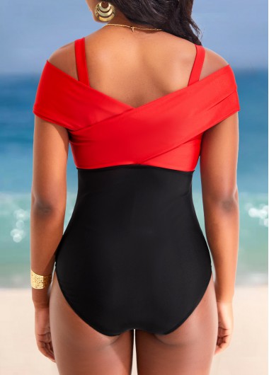 Black swimwear,Red swimwear,Contrast Color swimwear,ROTITA Criss Cross Contrast Black One Piece Swimwear