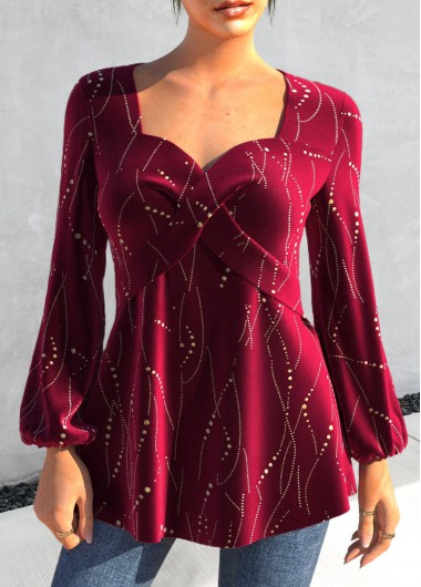 Wine Red tops,Plain Color tops,ROTITA Criss Cross Wine Red Heart Collar T Shirt