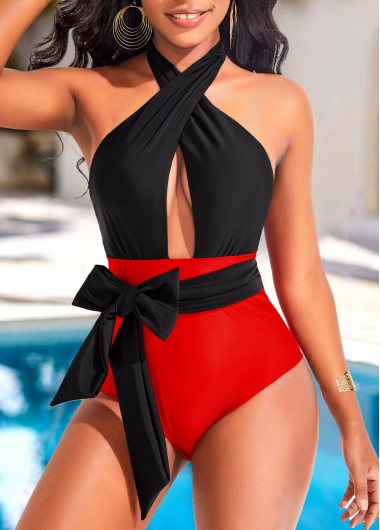 Red swimwear,Black swimwear,Plain Color swimwear,ROTITA Red Criss Cross One Piece Swimwear