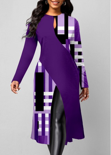 Purple tops,Plaid tops,Geometric tops,ROTITA Split Plaid Purple Round Neck Long Sleeve Blouse