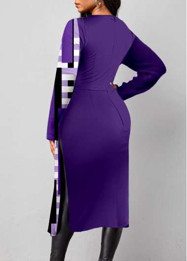 Purple tops,Plaid tops,Geometric tops,ROTITA Split Plaid Purple Round Neck Long Sleeve Blouse