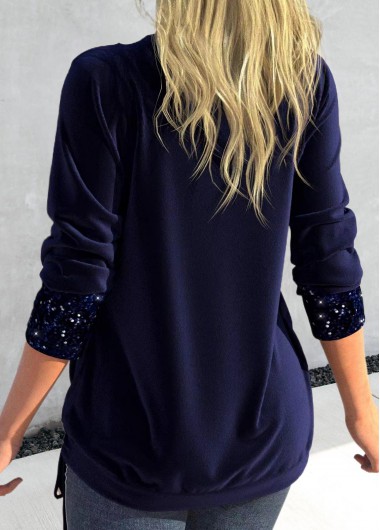 Navy tops,Plain Color tops,ROTITA Sequin Navy Square Neck Long Sleeve T Shirt