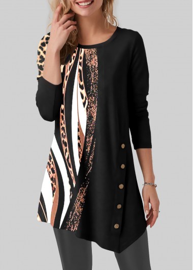 Black tops,Leopard tops,Animal Print tops,ROTITA Leopard Black Round Neck Long Sleeve T Shirt