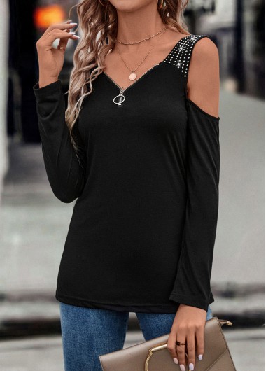 Black tops,Plain Color tops,Zipper Black V Neck Long Sleeve T Shirt