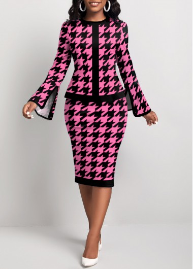 Hot Pink dresses,Houndstooth dresses,ROTITA Two Piece Houndstooth Print Hot Pink Top and Skirt