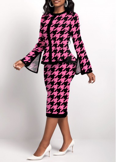 Hot Pink dresses,Houndstooth dresses,ROTITA Two Piece Houndstooth Print Hot Pink Top and Skirt