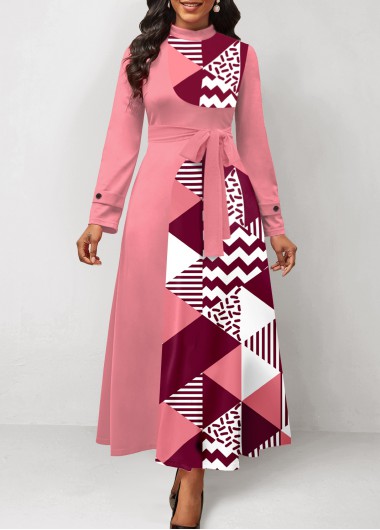 rotita patchwork geometric print pink belted maxi dress