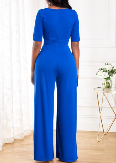 Blue jumpsuits & rompers,Plain Color jumpsuits & rompers,ROTITA Ruffle Blue Long Heart Collar Half Sleeve Jumpsuit