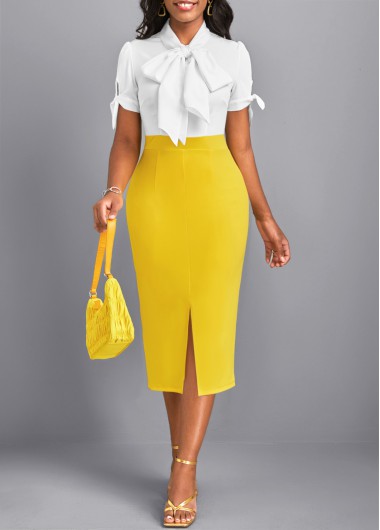 Yellow dresses,White dresses,Contrast Color dresses,ROTITA Split Yellow Tie Collar Short Sleeve Bodycon Dress