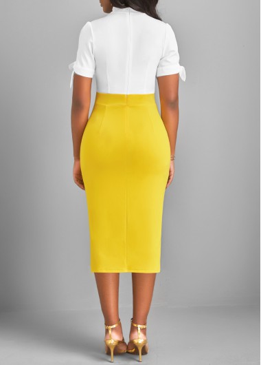Yellow dresses,White dresses,Contrast Color dresses,ROTITA Split Yellow Tie Collar Short Sleeve Bodycon Dress