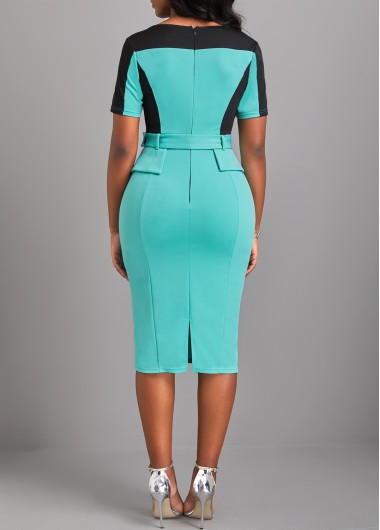 Cyan dresses,Contrast Color dresses,ROTITA Split Cyan Belted Short Sleeve Bodycon Dress