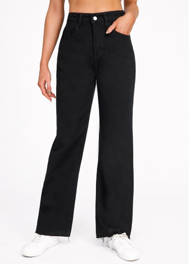 Black bottoms,Plain Color bottoms,Black Button Fly High Waisted Pocket Jeans