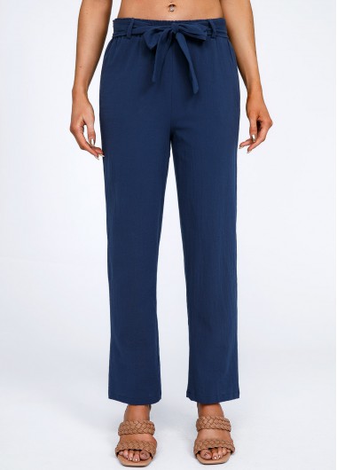 Navy bottoms,Plain Color bottoms,Bowknot Navy Belted High Waisted Pants