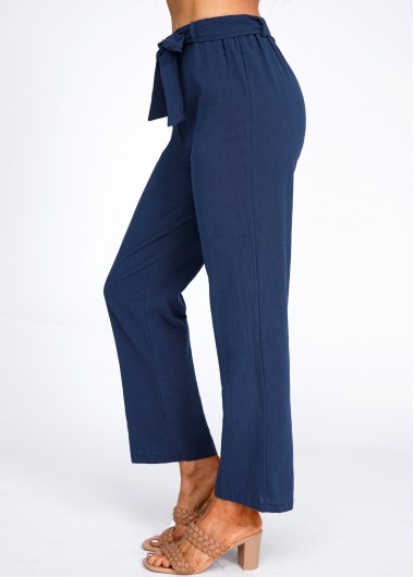 Navy bottoms,Plain Color bottoms,Bowknot Navy Belted High Waisted Pants