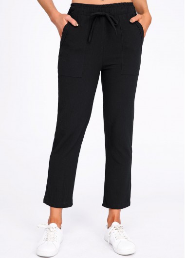 Black bottoms,Plain Color bottoms,Pocket Black Drawastring Mid Waisted Pants