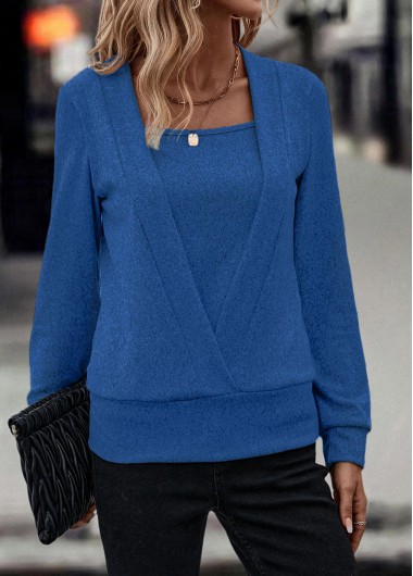 Dark Blue tops,Plain Color tops,Fake 2in1 Dark Blue Square Neck Sweatshirt