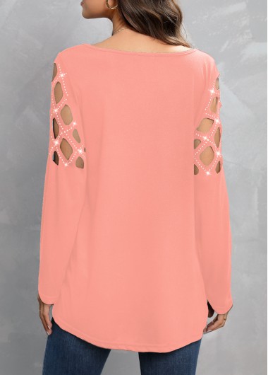 Pink tops,Plain Color tops,Hot Drilling Pink V Neck T Shirt