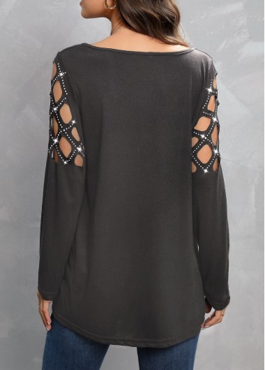 Dark Grey tops,Plain Color tops,Hot Drilling Dark Grey V Neck T Shirt