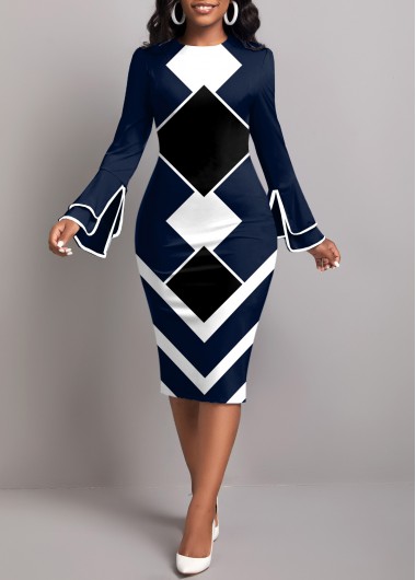 Navy dresses,Geometric dresses,Plaid dresses,Striped dresses,ROTITA Contrast Binding Geometric Print Navy Bodycon Dress