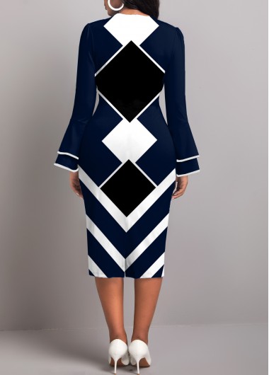 Navy dresses,Geometric dresses,Plaid dresses,Striped dresses,ROTITA Contrast Binding Geometric Print Navy Bodycon Dress