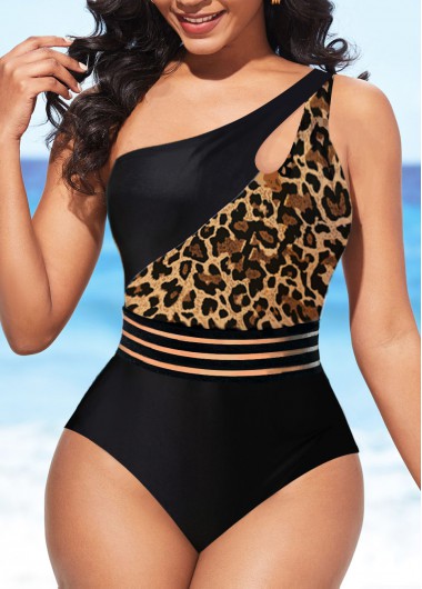 Black swimwear,Leopard swimwear,Animal Print swimwear,ROTITA Cut Out Black Leopard One Piece Swimwear