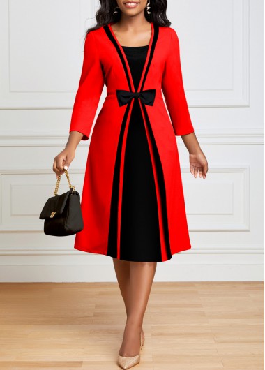 Red dresses,Contrast Color dresses,ROTITA 3/4 Sleeve Red Fake 2in1 Dress