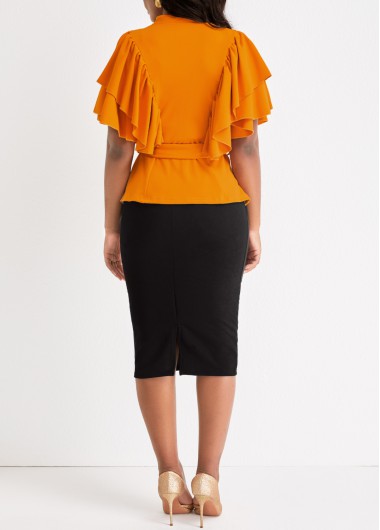 Ginger dresses,Black dresses,Contrast Color dresses,ROTITA Two Piece Ginger Belted Stand Collar Suit