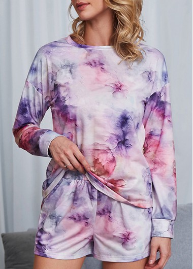 Multi Color intimates,Tie Dye intimates,Tie Dye Print Multi Color Long Sleeve Loungewear Set