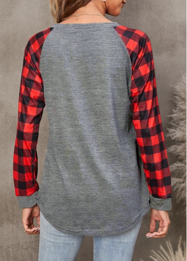 Grey tops,Plaid tops,Heart tops,Geometric tops,ROTITA Plaid Grey Round Neck Long Sleeve T Shirt