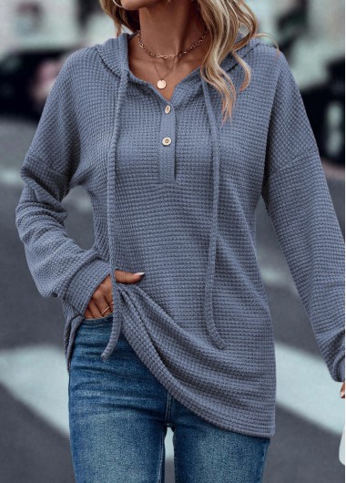 Dusty Blue tops,Plain Color tops,Drawstring Dusty Blue Long Sleeve Hoodie