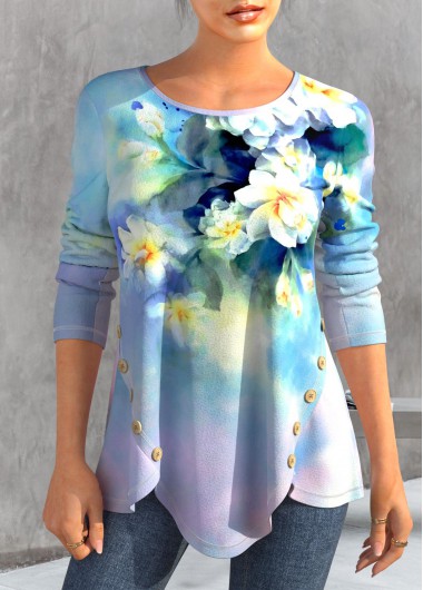 Light Blue tops,Floral tops,Plants tops,ROTITA Button Floral Print Light Blue T Shirt