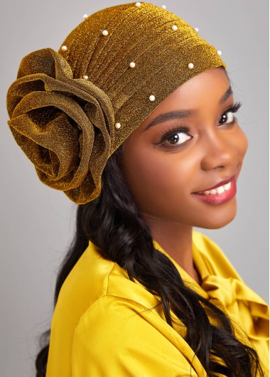 Gold accessories,Plain Color accessories,Pearl Design Floral Detail Gold Turban Hat