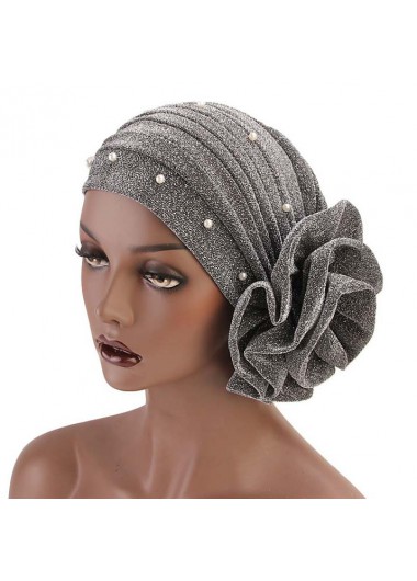 Silver accessories,Plain Color accessories,Pearl Design Floral Detail Silver Turban Hat