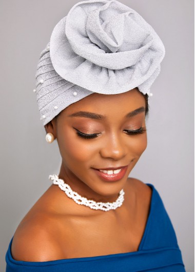 Silvery White accessories,Plain Color accessories,Flower Pearl Silvery White Turban Hat