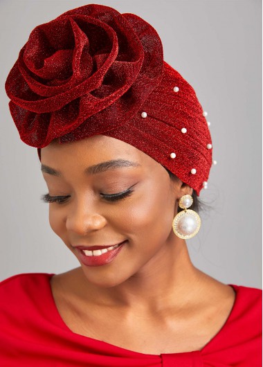 Wine Red accessories,Plain Color accessories,Pearl Flower Desin Wine Red Turban Hat