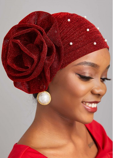 Wine Red accessories,Plain Color accessories,Pearl Flower Desin Wine Red Turban Hat