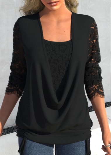 Black tops,Plain Color tops,ROTITA Lace Black Square Neck Long Sleeve T Shirt