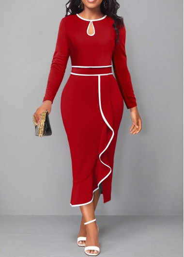 Red dresses,Plain Color dresses,Party dresses,Elegant dresses,ROTITA Contrast Binding Red Round Neck Bodycon Dress