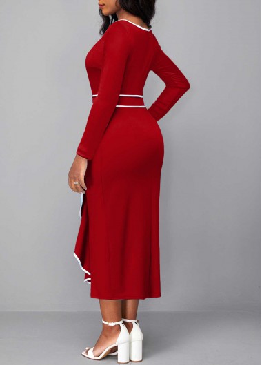 Red dresses,Plain Color dresses,Party dresses,Elegant dresses,ROTITA Contrast Binding Red Round Neck Bodycon Dress