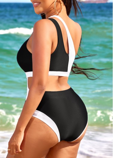 Black swimwear,Contrast Color swimwear,ROTITA Cutout Black Contrast One Piece Swimwear