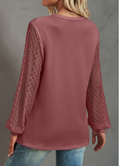 Deep Red tops,Plain Color tops,Lace Deep Red Round Neck T Shirt